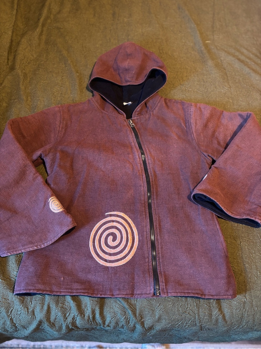 Women's Handmade Brown Hooded Jacket with Spiral Accent